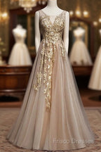 Champagne Tulle V-Neckline Long Lace Formal Prom Dress, A-Line Formal Gown Party Dress