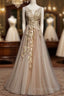 Champagne Tulle V-Neckline Long Lace Formal Prom Dress, A-Line Formal Gown Party Dress