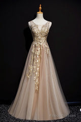 Champagne Tulle V-Neckline Long Lace Prom Dress, A-Line Formal Gown Party Dress
