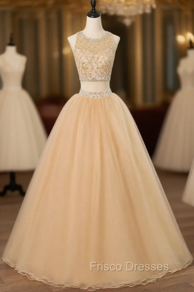 Champagne Two Piece O-neck Sparkling Beaded Crystals Tulle Sweet 16 Dress Main image