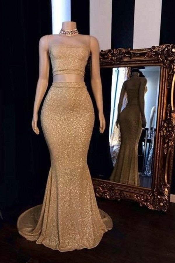 Champagne Two-Piece Strapless Long Mermaid Prom Dresses With Choker Main image