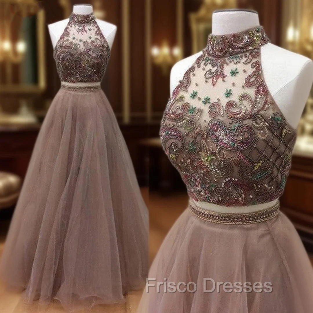 Champagne Two Pieces Beads Long Formal Prom Dress, Evening Dress