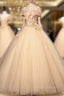 Champagne V-Neck Lace Long Ball Gown, Off the Shoulder Formal Evening Dress
