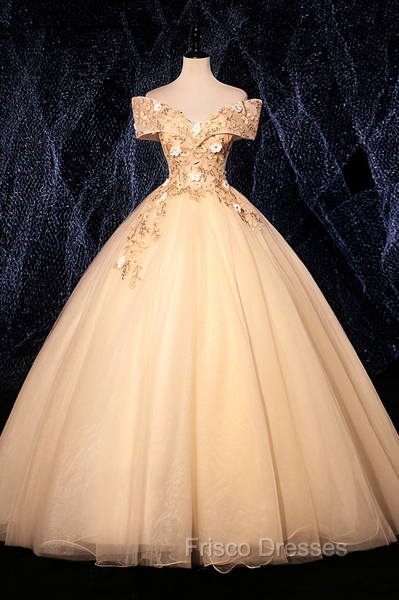 Champagne V-Neck Lace Long Ball Gown, Off the Shoulder Formal Evening Dress Main image