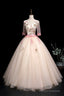 Champagne V-Neck Lace Long Prom Dress, A-Line 1/2 Sleeves Evening Party Dress