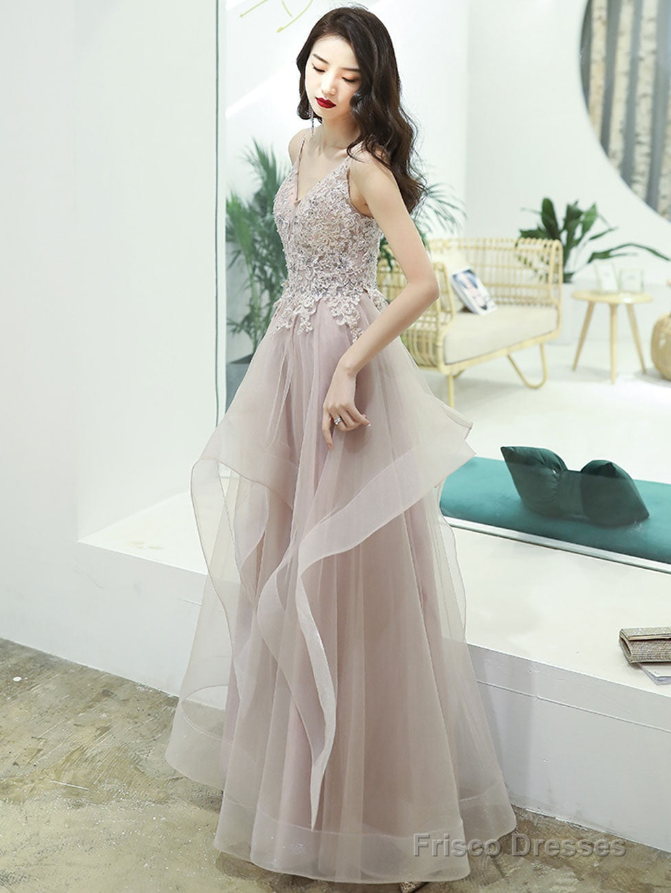 Champagne V Neck Lace Long Prom Dresses, Champagne Formal Graduation Dress Main image