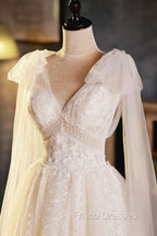Champagne V-Neck Lace Short Formal Prom Dress, Lovely A-Line Evening Party Dress