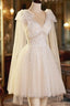 Champagne V-Neck Lace Short Formal Prom Dress, Lovely A-Line Evening Party Dress