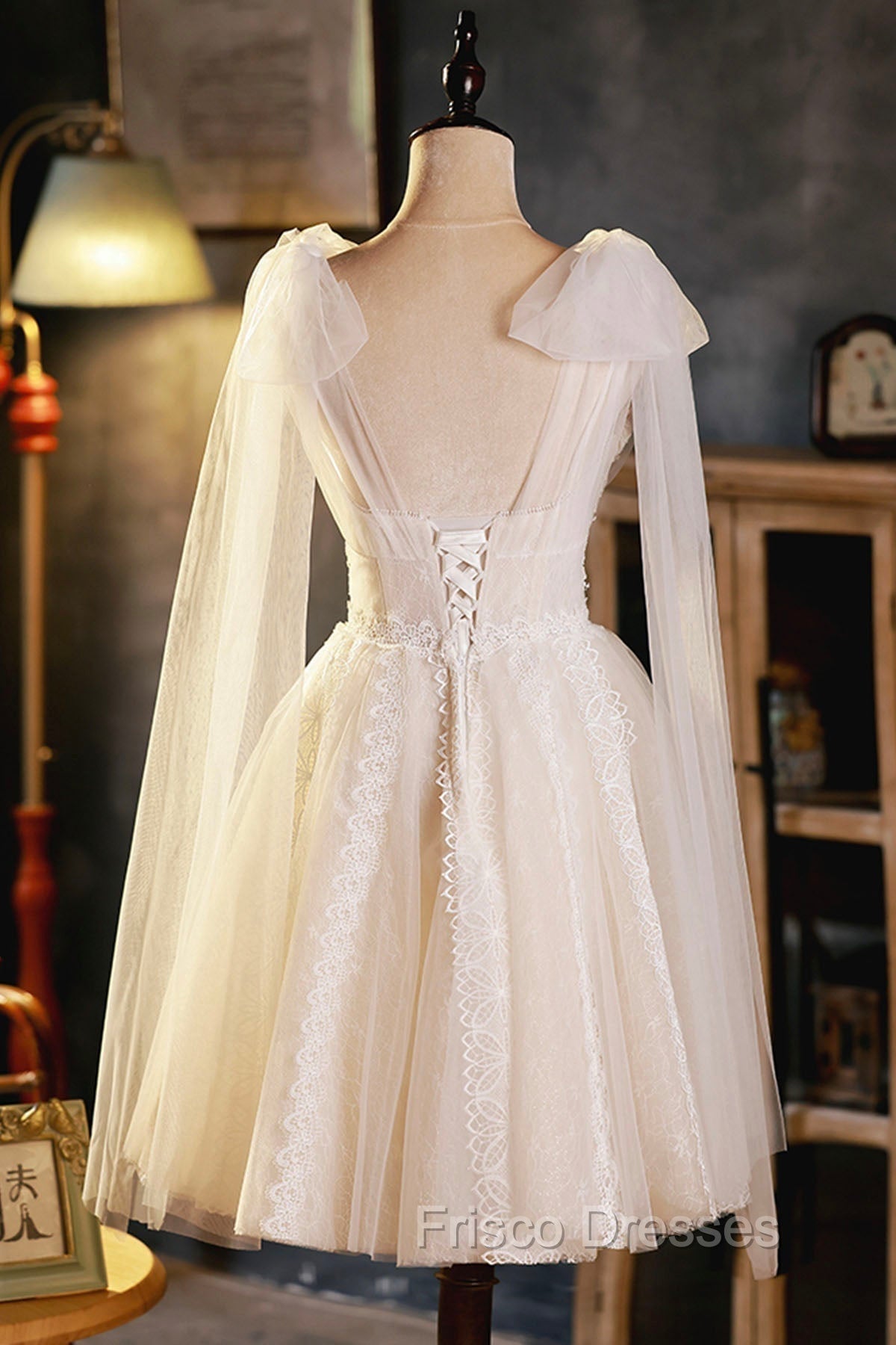 Champagne V-Neck Lace Short Formal Prom Dress, Lovely A-Line Evening Party Dress