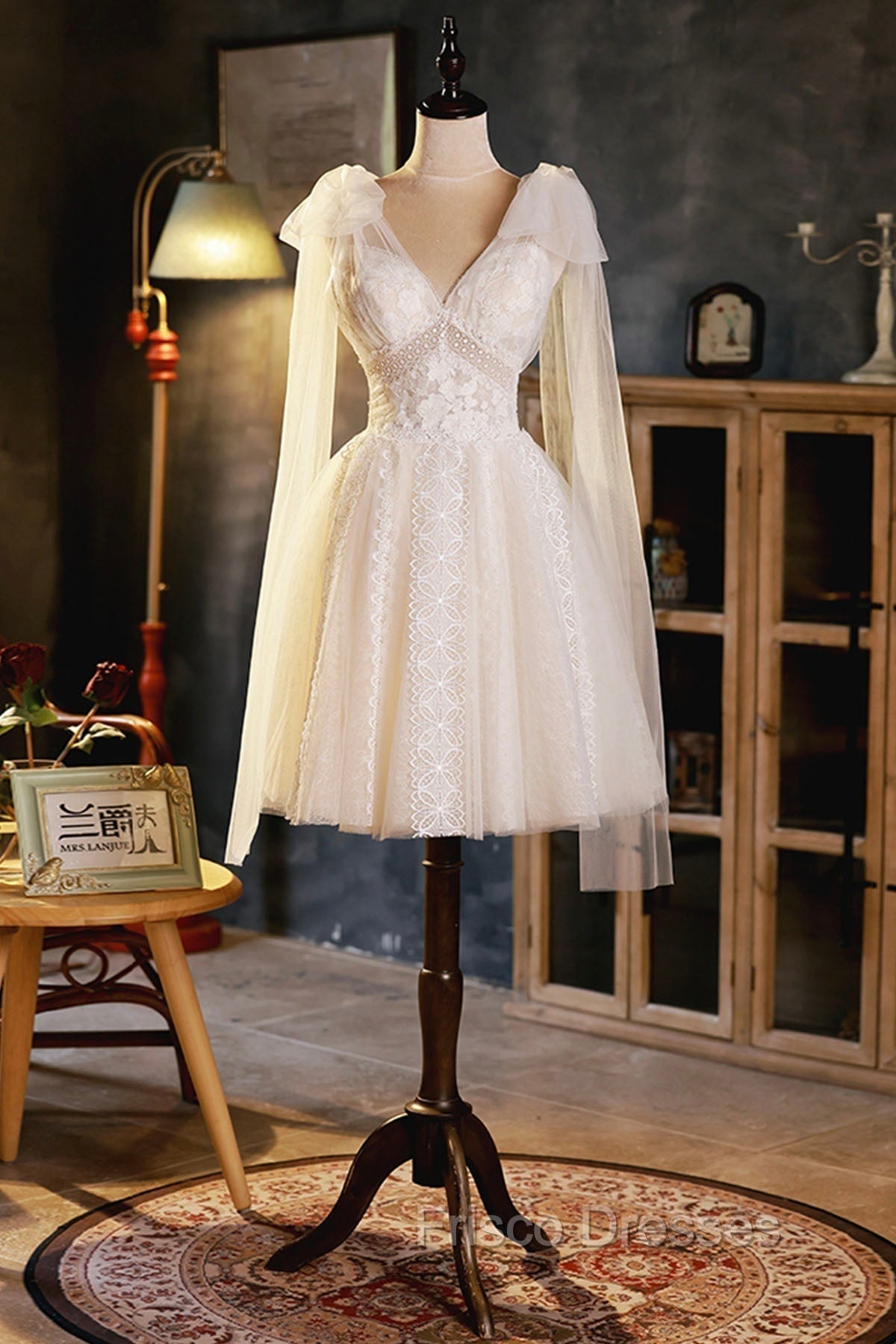 Champagne V-Neck Lace Short Formal Prom Dress, Lovely A-Line Evening Party Dress