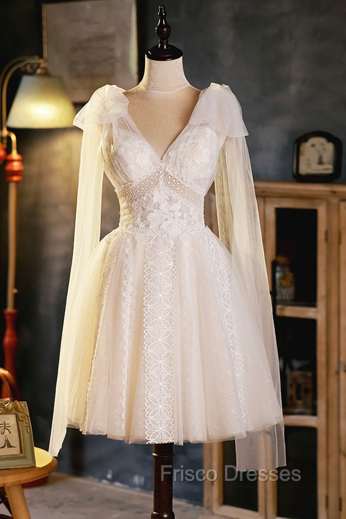 Champagne V-Neck Lace Short Formal Prom Dress, Lovely A-Line Evening Party Dress Main image