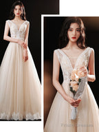 Champagne V Neck Lace Tulle Long Prom Dress, Champagne Evening Dress