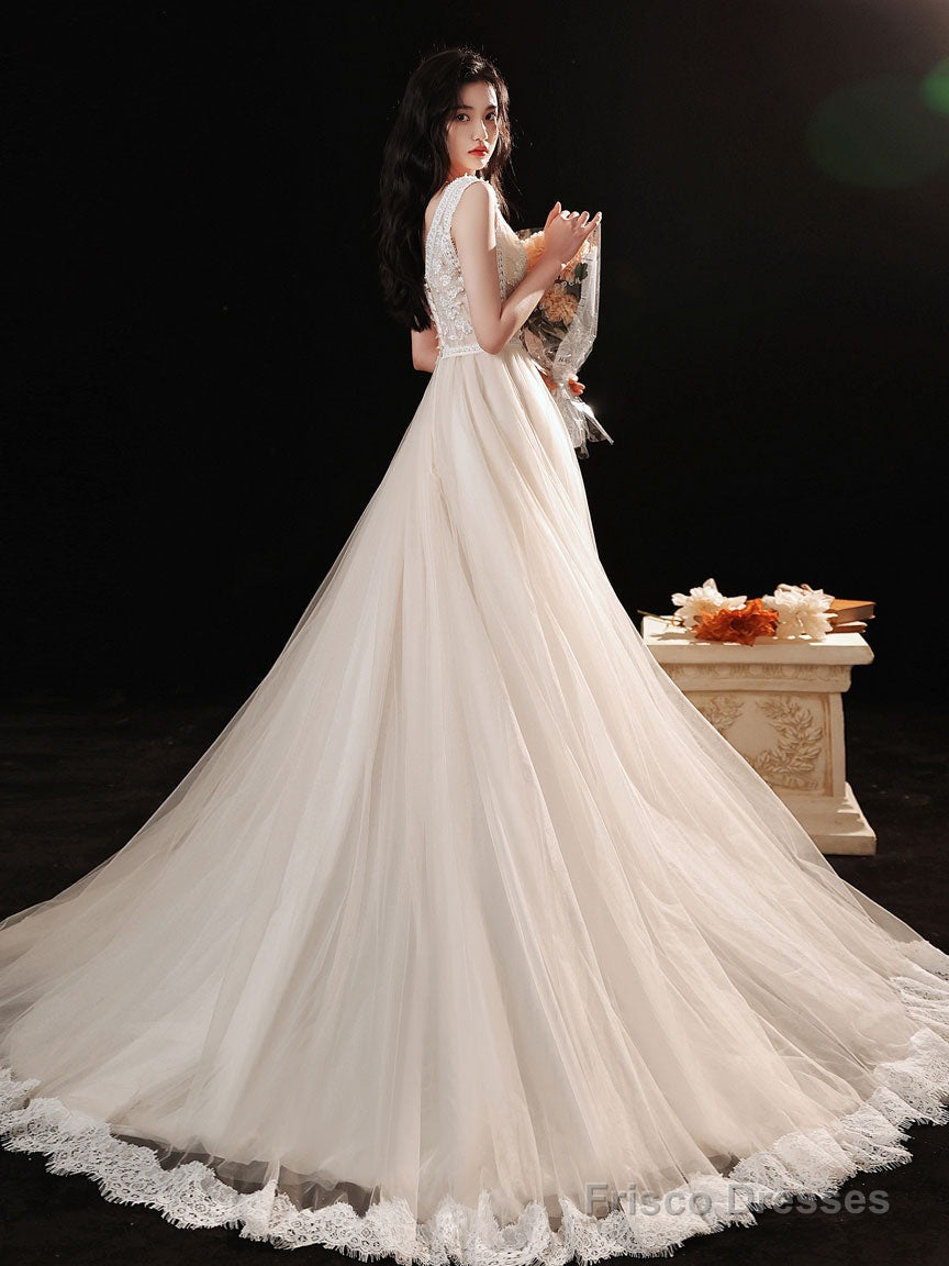Champagne V Neck Lace Tulle Long Prom Dress, Champagne Evening Dress