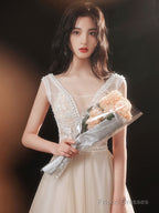 Champagne V Neck Lace Tulle Long Prom Dress, Champagne Evening Dress