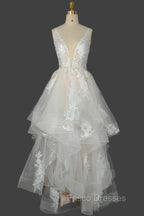 Champagne V-Neck Long Formal Prom Dress A-Line Tulle Formal Evening Dress