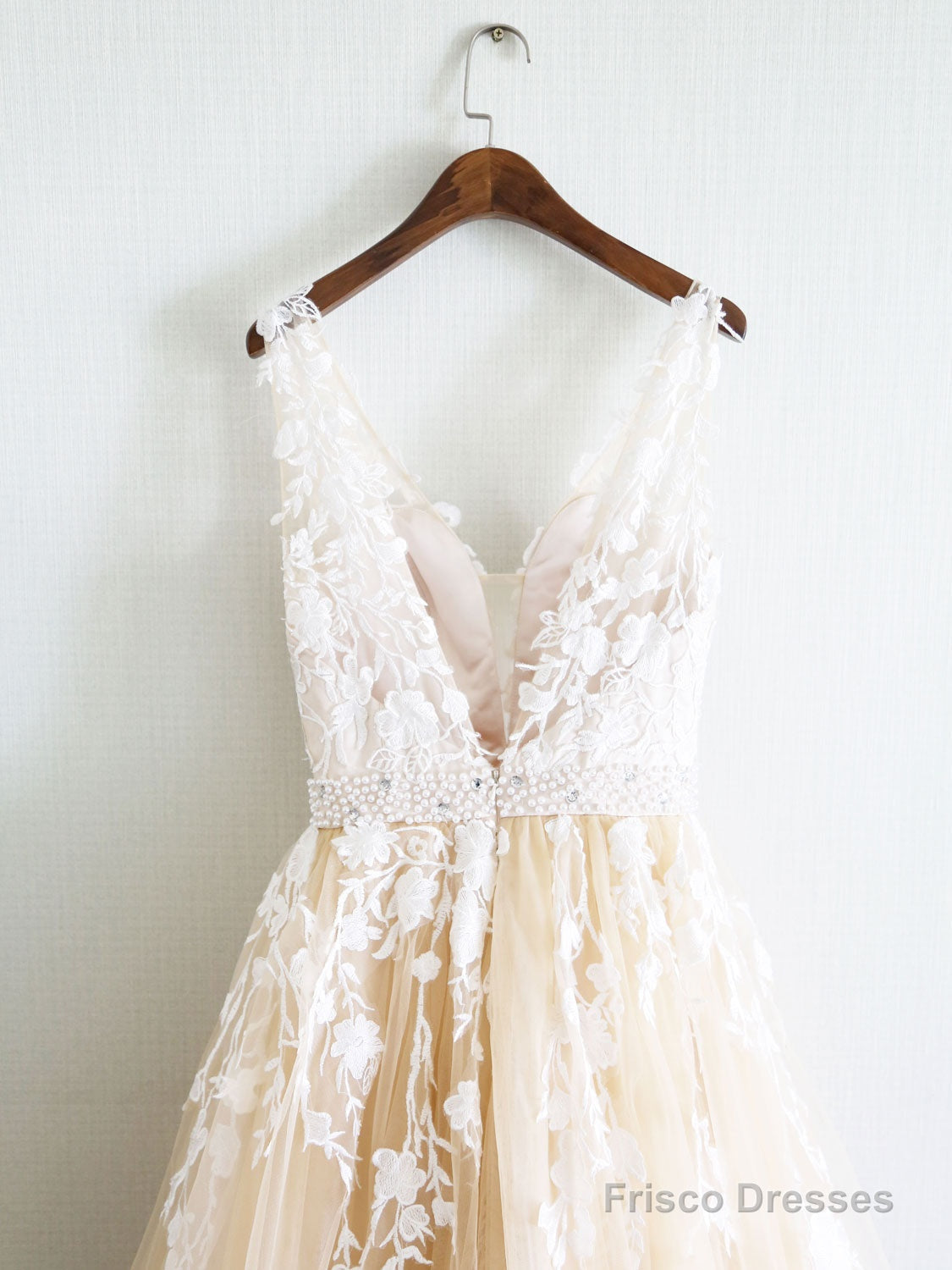 Champagne V Neck Tulle Lace Applique Long Prom Dress, Evening Dress Secondary image