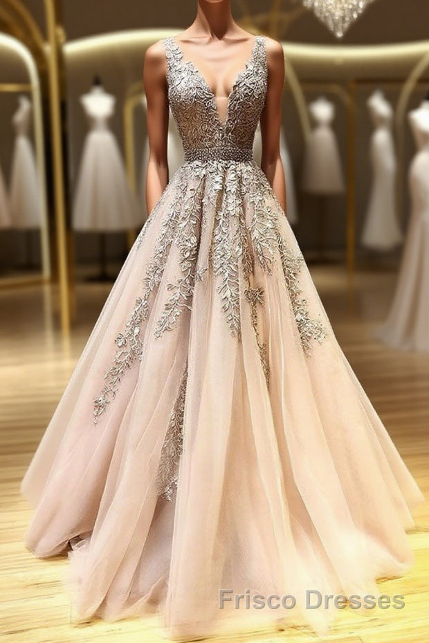Champagne v neck tulle lace beads long Formal Prom Dresses tulle formal Dresses Main image