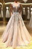 Champagne v neck tulle lace beads long Formal Prom Dresses tulle formal Dresses