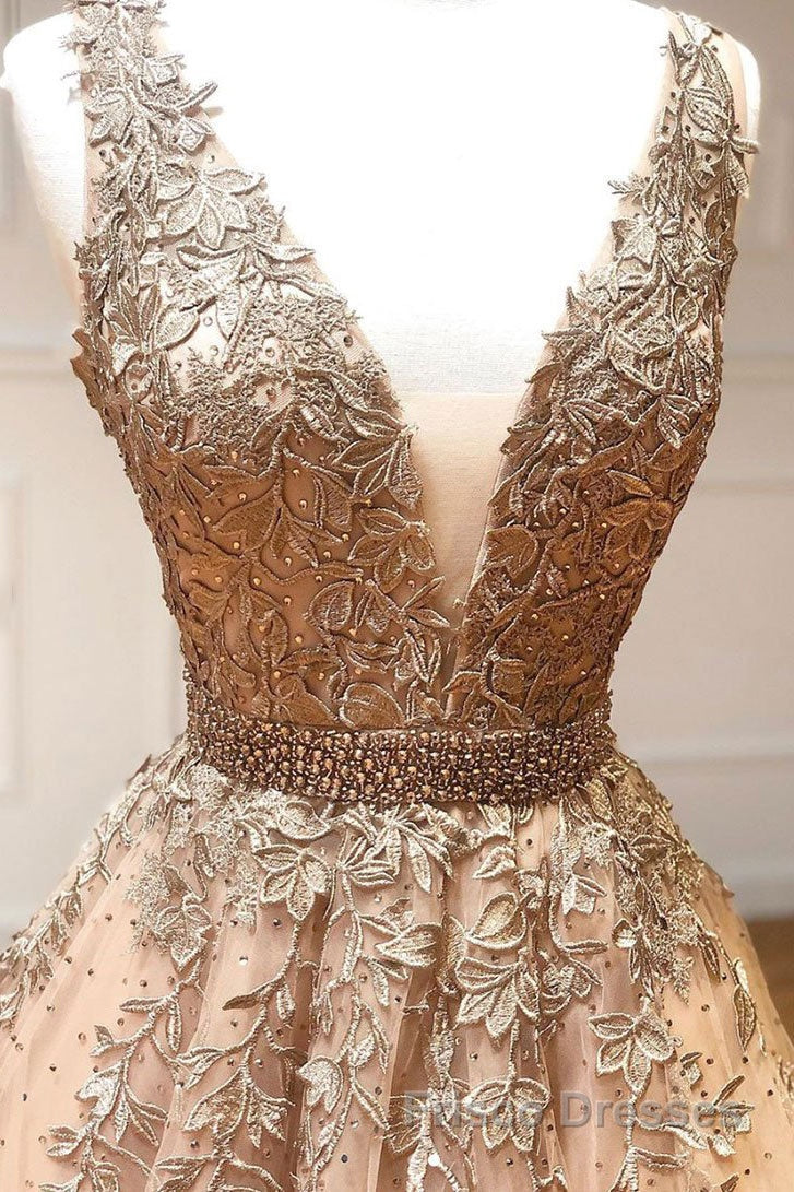 Champagne v neck tulle lace beads long Formal Prom Dresses tulle formal Dresses