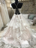 Champagne v neck tulle lace long Formal Prom Dresses, champagne evening Dresses