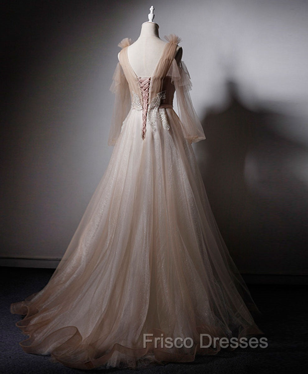 Champagne V Neck Tulle Lace Long Formal Prom Dress, Champagne Formal Evening Dress Secondary image
