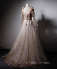 Champagne V Neck Tulle Lace Long Formal Prom Dress, Champagne Formal Evening Dress