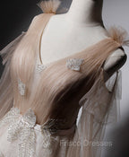Champagne V Neck Tulle Lace Long Formal Prom Dress, Champagne Formal Evening Dress