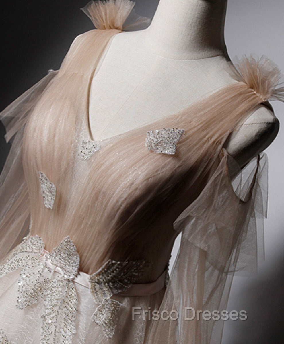 Champagne V Neck Tulle Lace Long Formal Prom Dress, Champagne Formal Evening Dress