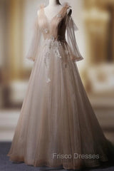 Champagne V Neck Tulle Lace Long Formal Prom Dress, Champagne Formal Evening Dress