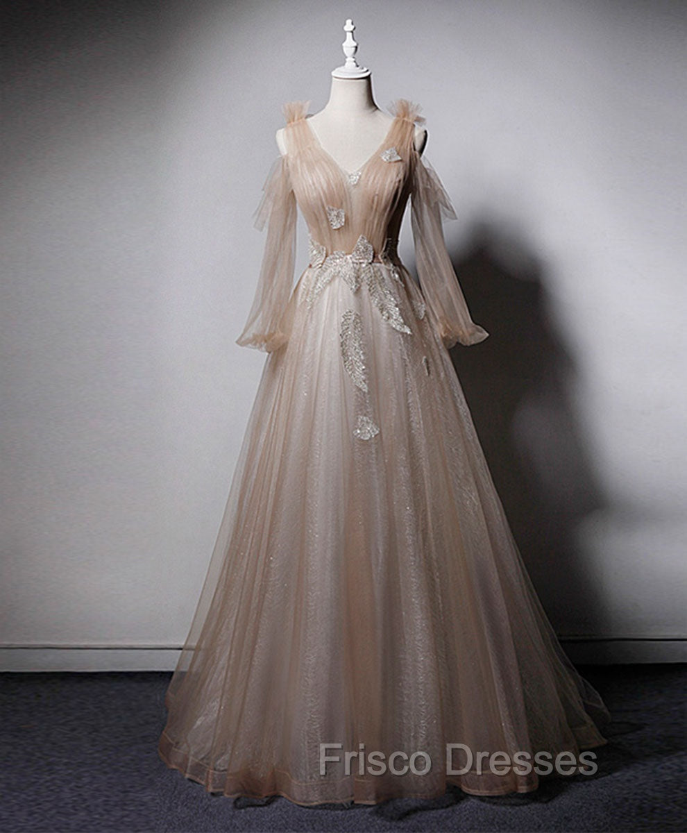 Champagne V Neck Tulle Lace Long Formal Prom Dress, Champagne Formal Evening Dress Main image