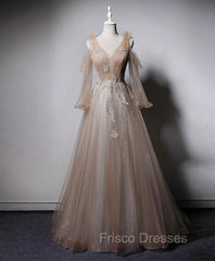 Champagne V Neck Tulle Lace Long Formal Prom Dress, Champagne Formal Evening Dress