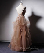 Champagne V Neck Tulle Lace Long Formal Prom Dress, Champagne Graduation Dress