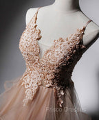 Champagne V Neck Tulle Lace Long Formal Prom Dress, Champagne Graduation Dress