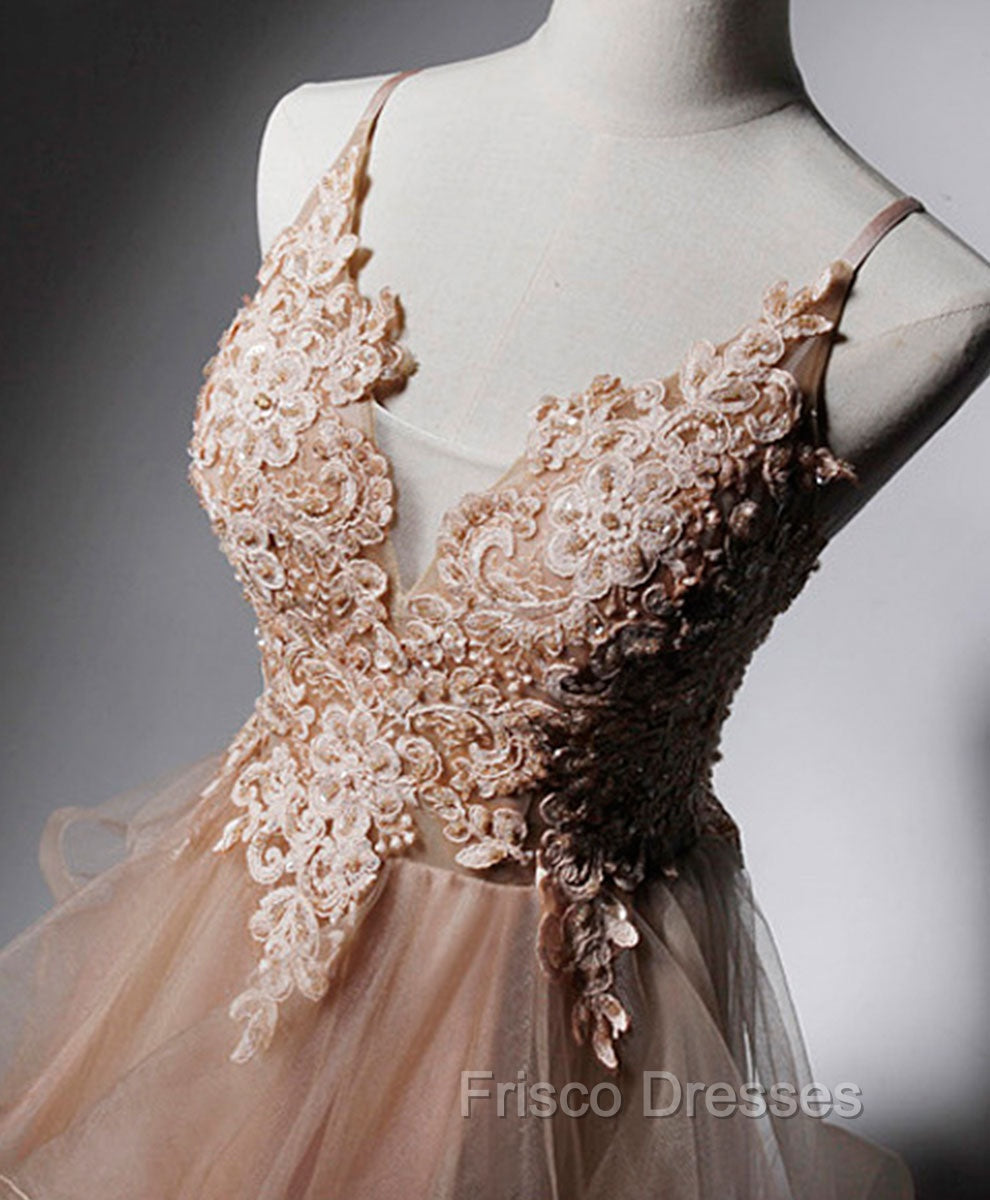 Champagne V Neck Tulle Lace Long Formal Prom Dress, Champagne Graduation Dress