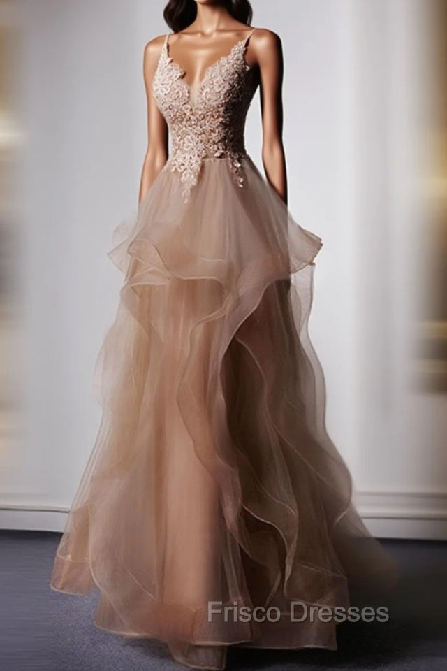 Champagne V Neck Tulle Lace Long Formal Prom Dress, Champagne Graduation Dress