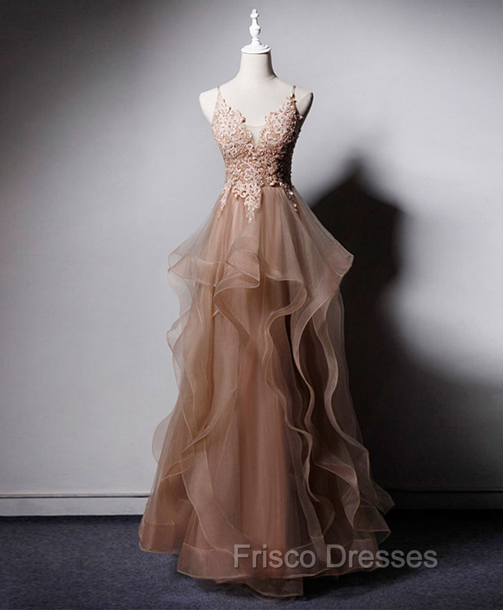 Champagne V Neck Tulle Lace Long Formal Prom Dress, Champagne Graduation Dress Main image