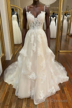 Champagne v neck tulle lace long Formal Prom Dresses, champagne lace evening Dresses