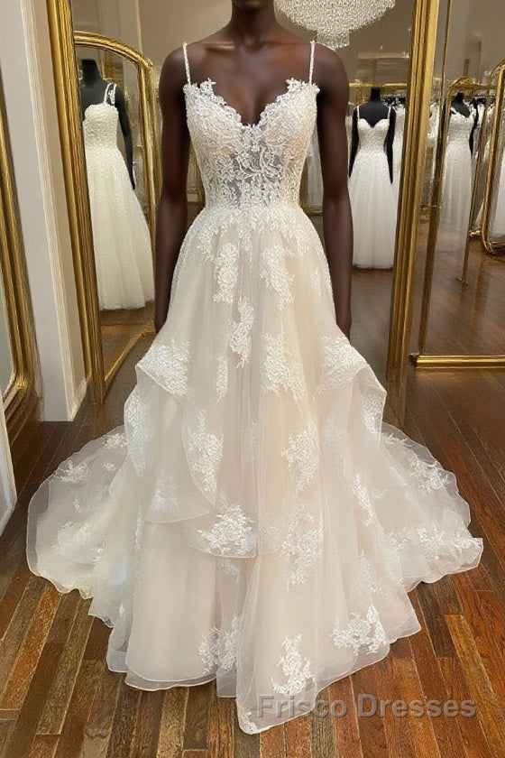 Champagne v neck tulle lace long Formal Prom Dresses, champagne lace evening Dresses