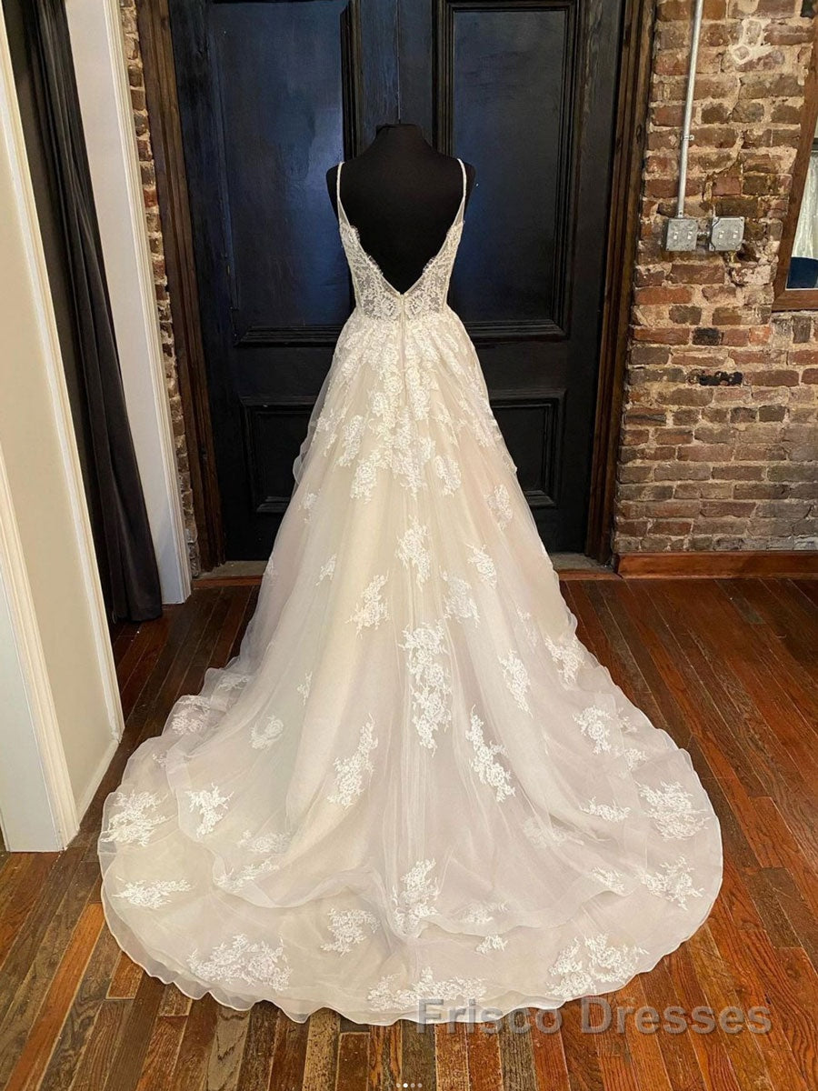 Champagne v neck tulle lace long Formal Prom Dresses, champagne lace evening Dresses