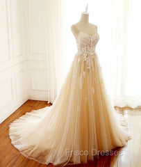 Champagne V Neck Tulle Lace Long Formal Prom Dress, Champagne Tulle Evening Dress