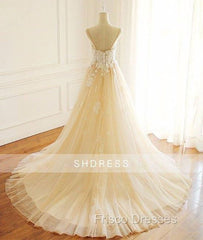Champagne V Neck Tulle Lace Long Formal Prom Dress, Champagne Tulle Evening Dress