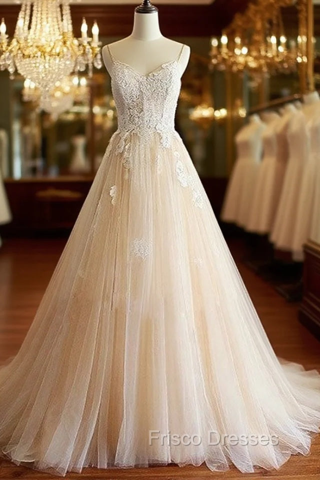 Champagne V Neck Tulle Lace Long Formal Prom Dress, Champagne Tulle Evening Dress Main image