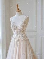 Champagne V Neck Tulle Lace Long Formal Prom Dress Evening Dress A Line Sleeveless Formal Dress