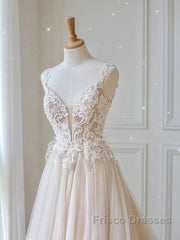 Champagne V Neck Tulle Lace Long Formal Prom Dress Evening Dress A Line Sleeveless Formal Dress