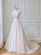 Champagne V Neck Tulle Lace Long Formal Prom Dress Evening Dress A Line Sleeveless Formal Dress