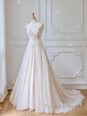 Champagne V Neck Tulle Lace Long Formal Prom Dress Evening Dress A Line Sleeveless Formal Dress