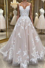 Champagne v neck tulle lace long Formal Prom Dresses lace tulle formal Dresses