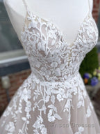 Champagne v neck tulle lace long Formal Prom Dresses lace tulle formal Dresses