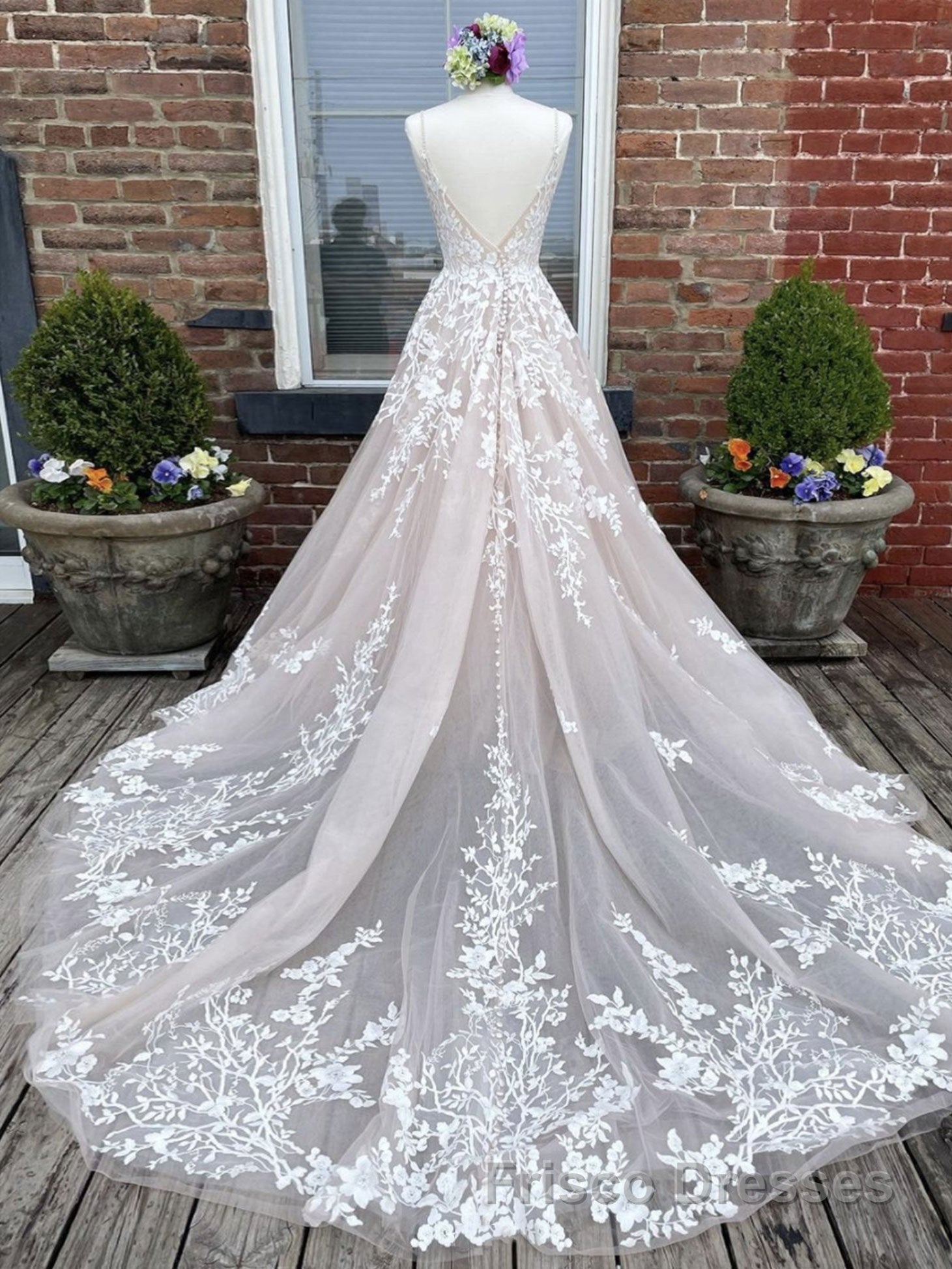 Champagne v neck tulle lace long Formal Prom Dresses lace tulle formal Dresses