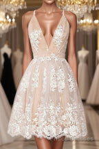 Champagne v neck tulle lace short Formal Prom Dresses champagne tulle bridesmaid Dresses